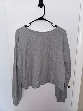 aerie Heather Gray Cropped Long-Sleeve Pocket Sweatshirt